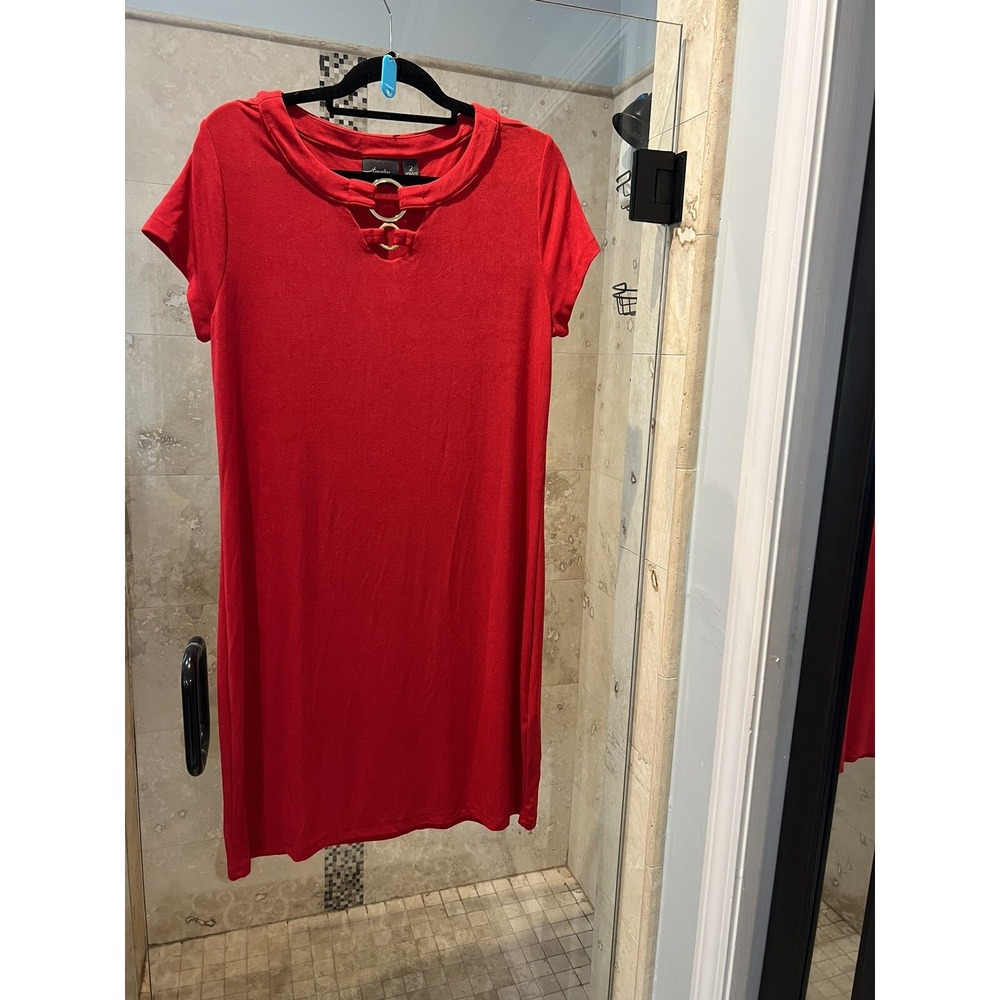 Chicos 2 Tunic Dress Travelers Knit Red Gold Cutout Neck Womens Large L